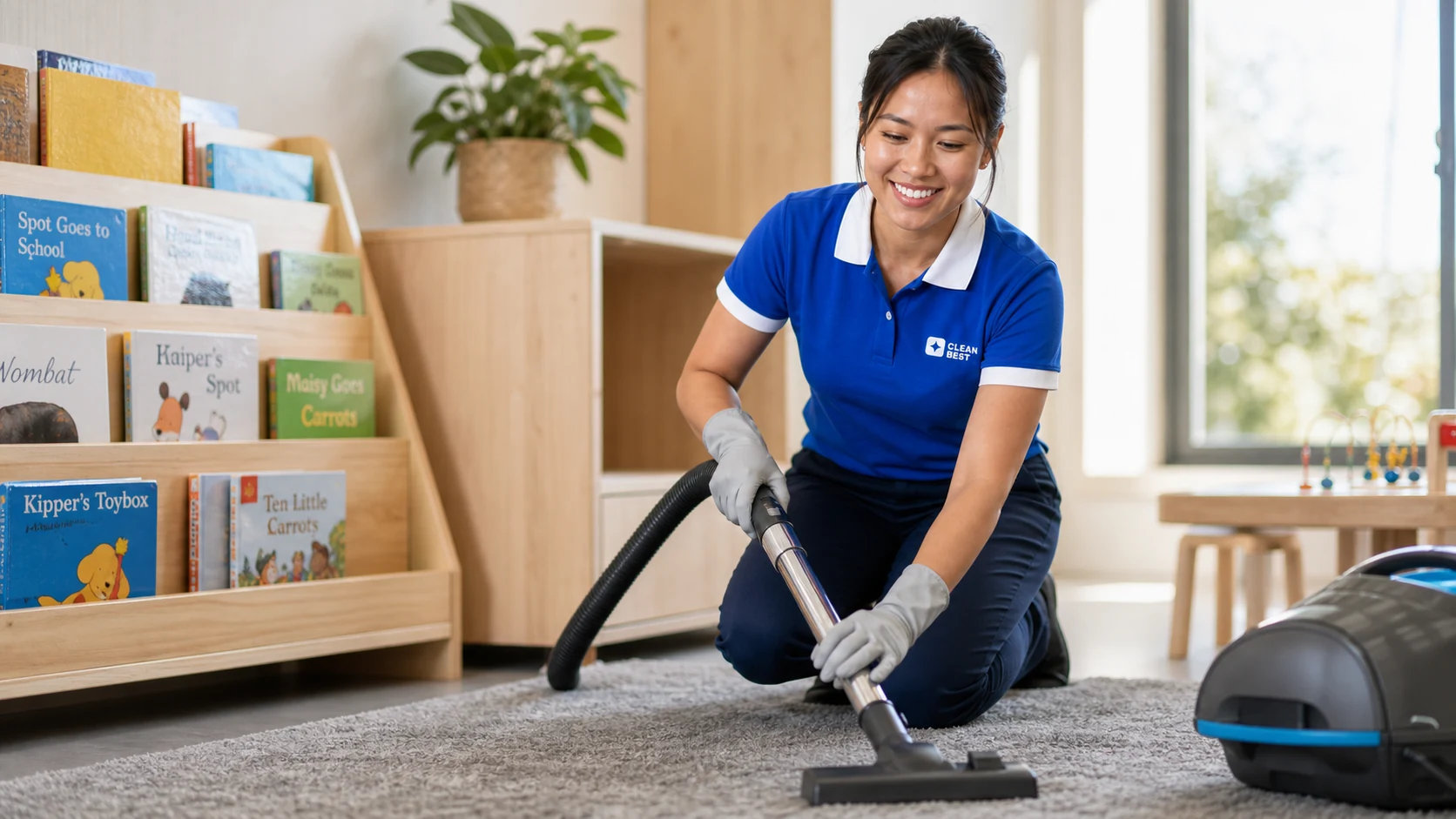Clean Best cleaner sanitising a play mat in an Oran Park childcare centre NSW