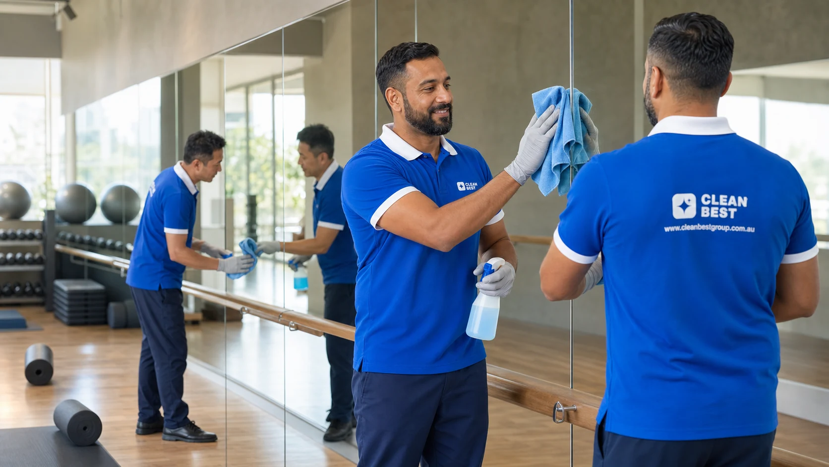Clean Best cleaner wiping gym equipment before opening in Oran Park NSW