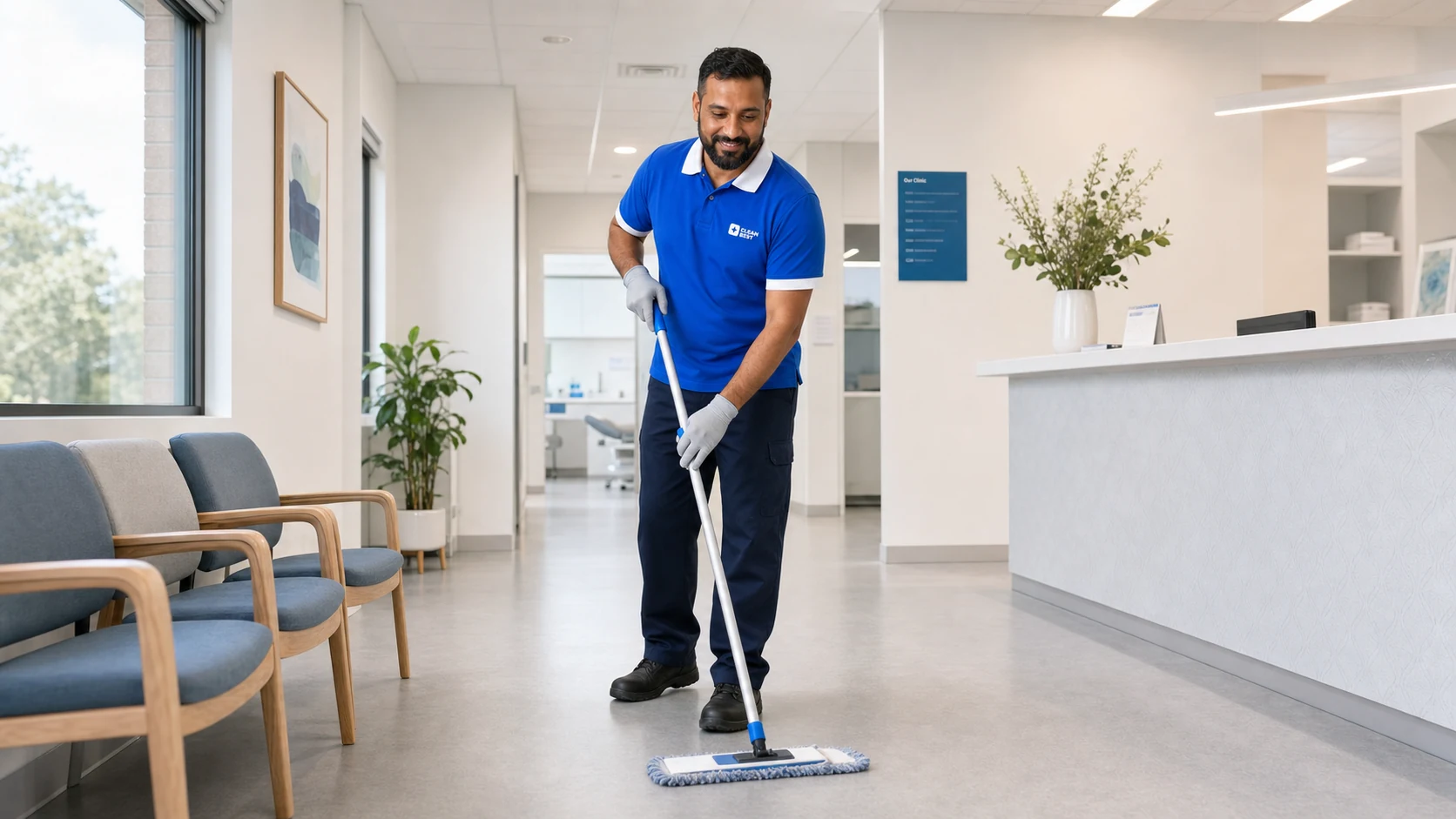 Clean Best cleaner disinfecting a consult room bench in an Oran Park medical centre NSW