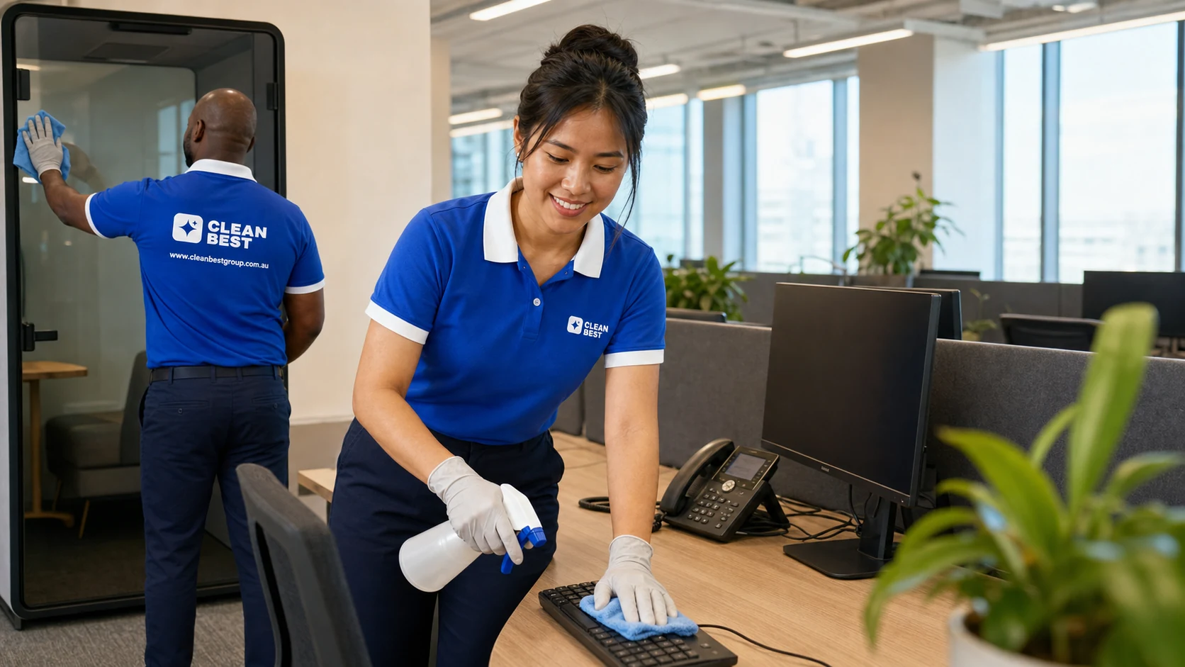 Clean Best cleaner wiping desks in a new open-plan office in Oran Park NSW